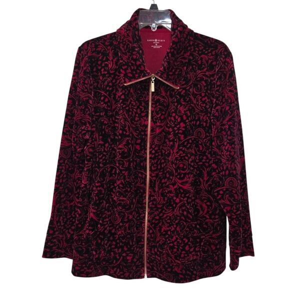 Karen Scott Sport Women Jacket XL Burgundy Velvet-Look Paisley Zip Front Pockets - Picture 13 of 13